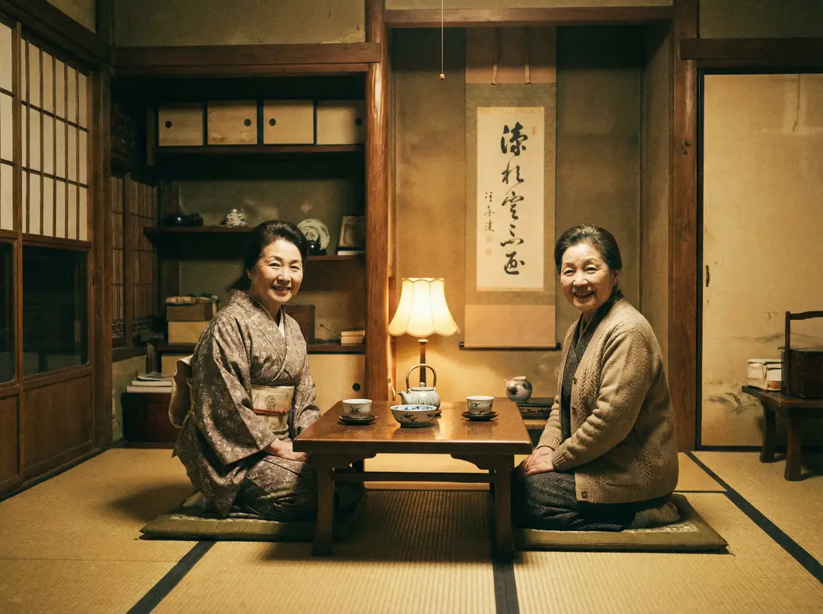 两位优雅的 包臀裙 在日式茶室中品茶交谈